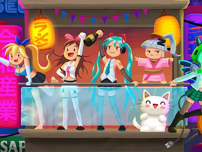 Crypto-Tower / 09. Tokyo Floor (3) akari akihabara anime background design bitcoin character design cryptocurrency hatsune miku illustration japan kanji mona neon tokyo xp chan zeny hime