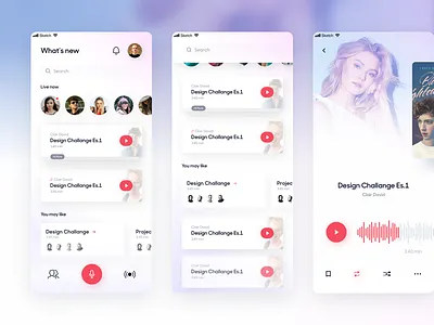 Podcast App application design landing menu music notifications player podcast scrolling search sound ux