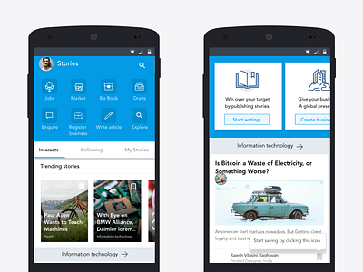 Business app home screen and suggestions android app article business app card suggestion ui design