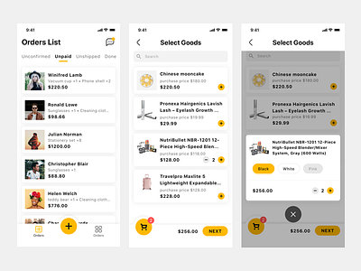 Orders list & select goods app cart e comerce list yellow