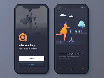 e-Scooter Login&Onboard clean illustration ios login mobile mockup onboard rent rental app scooter sharing ui