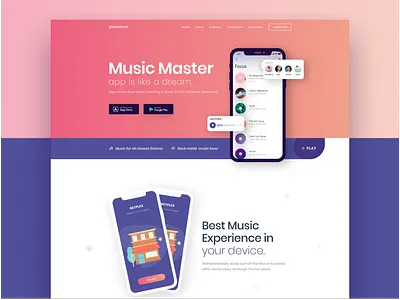 Music App Landing Page app app landing apps clean creative design flat gradient illustration landing page minimal music music app saas ui ux ui deisgn ux design web