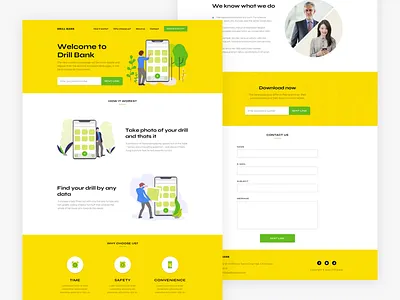 Drill Bank Landing Page button contact footer green icons illustration landing page yellow
