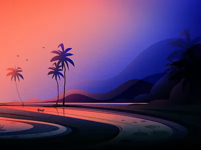 Evening From Kerala art birds blue boat evening illustration illustrations kerala landscape light nature tree vector