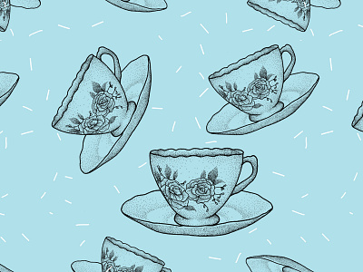 Vintage Teacup blue design dotwork editorial illustration exhibition floral floral background gift bag greeting card hand drawn home illustration pointilism st fagans teacup teapot vintage vintage teacup wales welsh