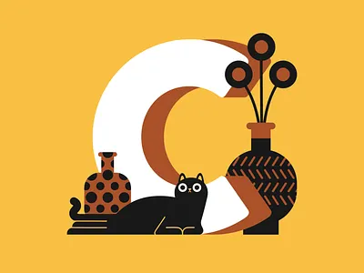 36 days of type - letter C 2d 36days adobe 36daysoftype cat character design illustration interior design letter plants type typography vector art