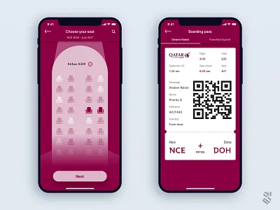 Qatar Airways seat reservation & boarding pass airbus app flight app flight booking interface iphonex qatar ui