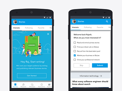 suggestion and feedback ui business app getstarted interests purpose suggestions ui ui design write article