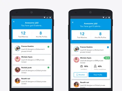 find best talent by auto fond feature business app candidate hiring job mobile app profile recruit shortlist ui design