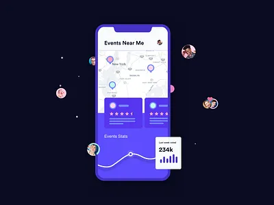 IphoneX Ilustration app avatars blue clean floating fun graph graphic illustration interesting interface iphonex map ui mobile mockup purple stats webdesign