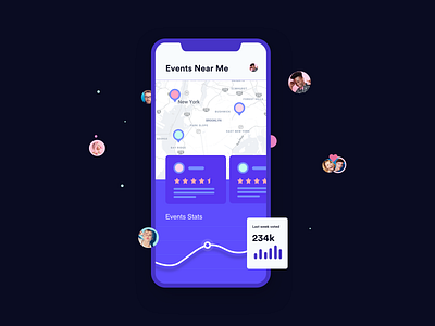 IphoneX Ilustration app avatars blue clean floating fun graph graphic illustration interesting interface iphonex map ui mobile mockup purple stats webdesign