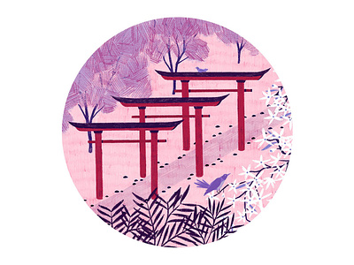 Torii Gates animal bird botanical colour design drawing floral flowers illustration japan japanese art nature pattern pencil photoshop pink red simple texture trees