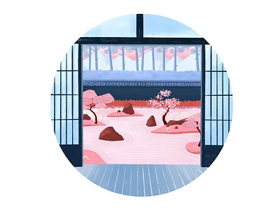 Zen Garden background blue colour colour palette creative design digital drawing dribbble gradient hand drawn illustration japan japanese art landscape photoshop pink texture watercolor zen