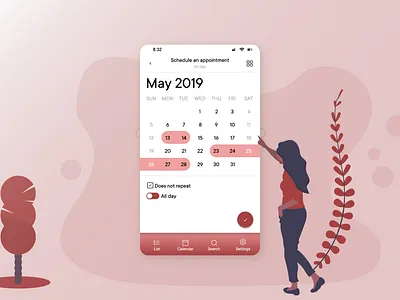Calendar focused element app appointment calendar calendar 2019 calendar design calendar feature card dailyui dailyui038 illustration minimal app reminder repeat reservation scheduling settings task ui
