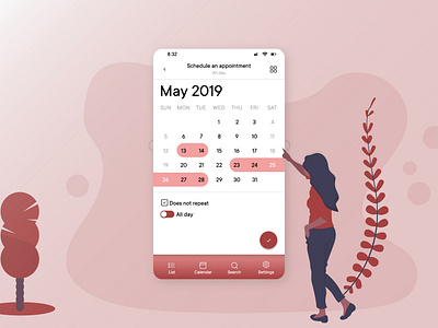 Calendar focused element app appointment calendar calendar 2019 calendar design calendar feature card dailyui dailyui038 illustration minimal app reminder repeat reservation scheduling settings task ui