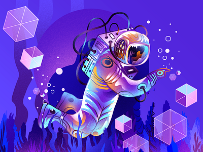 Diver 2d application art beautiful blue branding composition design digital dribbble dribbblers e wallet graphic illustration illustrator mistic photoshop purple under water unipay