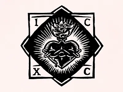 Sacred Heart Of Jesus catholic christian cross crown heart illustration jesus linocut sacred thorns woodcut