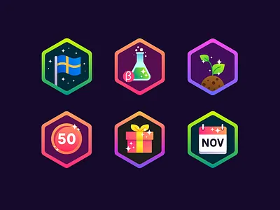 Fully Arcade Badges achievement badges colorful glitter hexagon icons illustration vector