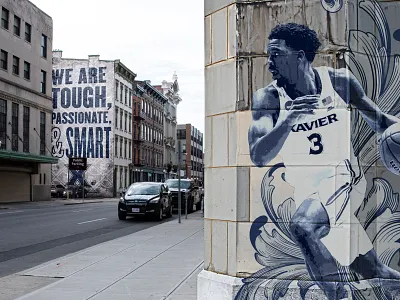 Xavier Fake Mural Campaign basketball design digitial campaign enviromental exterior design identity mural photoshop public art social media sports typography university vector