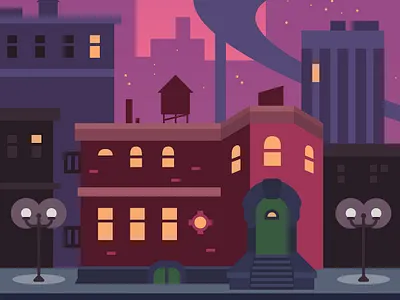 Arnold 🏈 art city hey arnold home house house illustration illustration neighborhood nickelodeon night pink purple street lamp urban vector