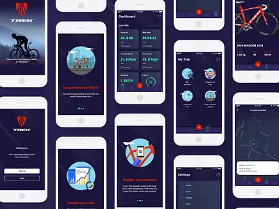 Trek bike app app bike dashboard figma login onboarding settings splash trek ui concept