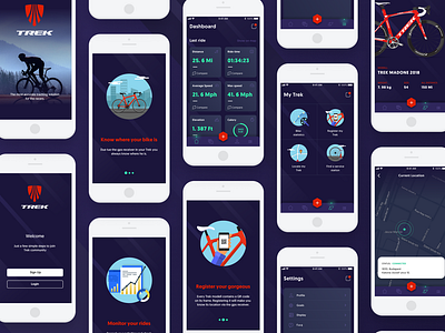 Trek bike app app bike dashboard figma login onboarding settings splash trek ui concept