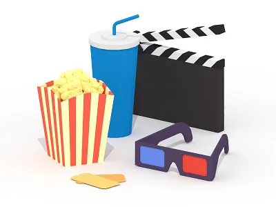 Movie Essentials 3d 3d glasses blender clappeboard film glasses illustration low poly lowpoly minimalist movie movie essentials popcorn soda ticket tickets