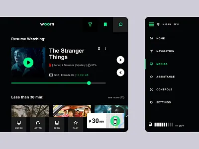 Car Navigation - Media battery car driving electric car interface maps media menu movie navigation netflix self driving serie ui watch