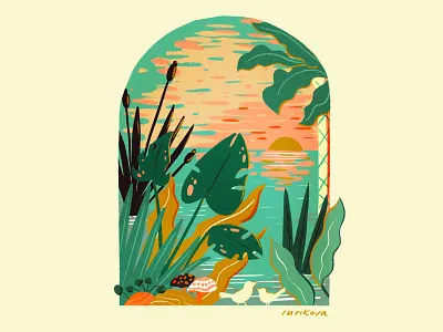 Sunset through a window green illustration leaves mural nature pink plants procreate sunset