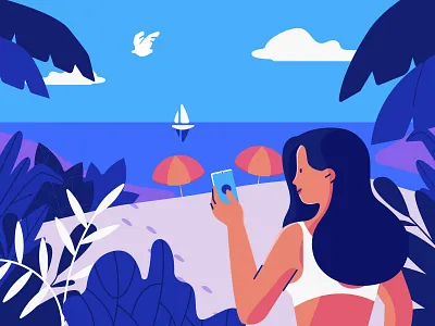 the Beach beach blue boat device girl landscape illustration ocean life summer