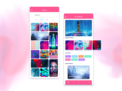 Digital Art Gallery App Design app design art art activities bright color clean clean app concept cool creative dribbble grid design grid layout mobile app mobile app design pink search ui ui ux design ui design ux