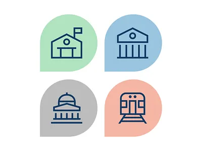 Small icon set created for a regional map of Danbury, CT flat government icon icon set iconography icons illustration line map icon map markers marker navigation school trains university vector