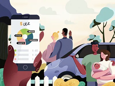 Financial management car cartoon charachter design data design family illustration love man phone plant scenery tree women