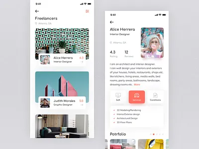 Freelancers Platform account app clean coral description designer interior ios light list mobile pantone portfolio profile red slider tabs ui user white