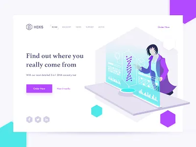 DNA Test card chemistry dna dna test flat hexagon illustration landing page science scientist ui web web design