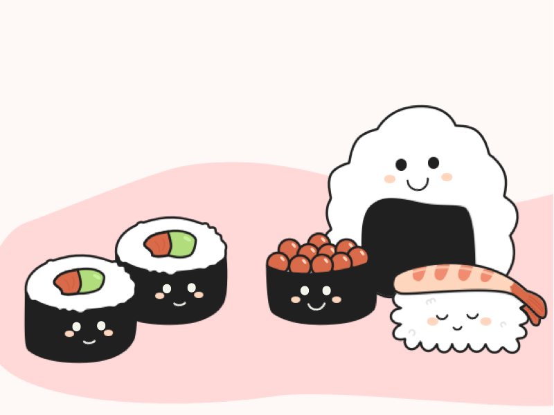 Sushi time animation cute art food illustration onigiri shrimp sushi sushi vector vector art おにぎり 巻き寿司 海老寿司