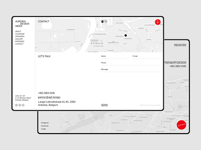 Aurora Events Design Kit. Contacts adobe xd brutalist call to action contact contact form feedback flat form design interface map ui promo page themplates ui ui component ui design ui elements ui kit ui kits ui pack uiux