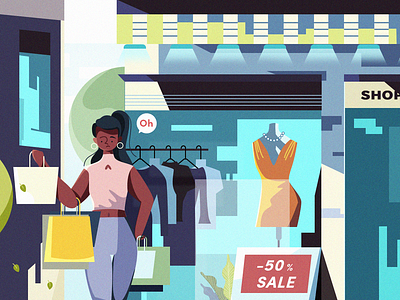 Shopping overspending cartoon girl illustration shopping store women