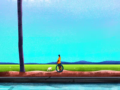 Childhood boy character goat nature nostalgia paddyfield river sky tree village water