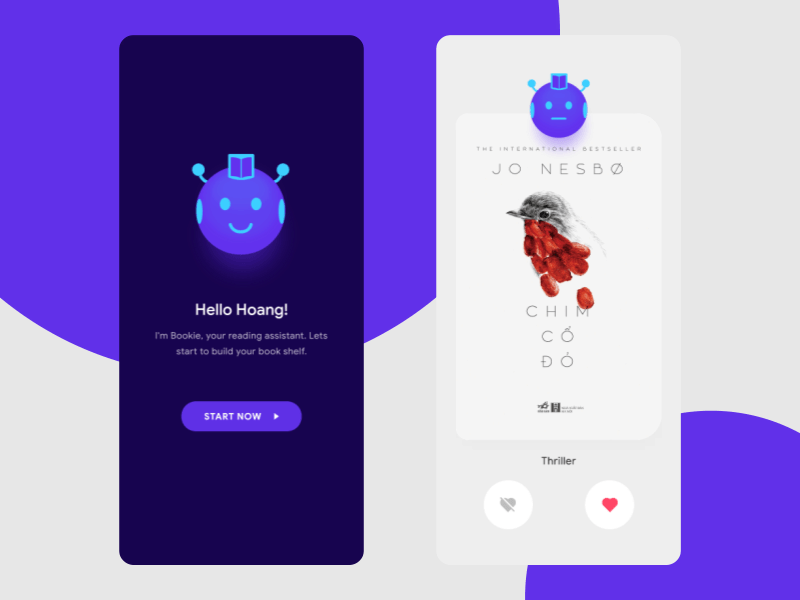 Bookie - Reading Bot Assistant ai animation assistant book bot dislike interaction like onboarding reading swipe