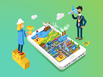 Gamification Isometric illustration character design city flat flat 2d geometric gamification illustration isometric