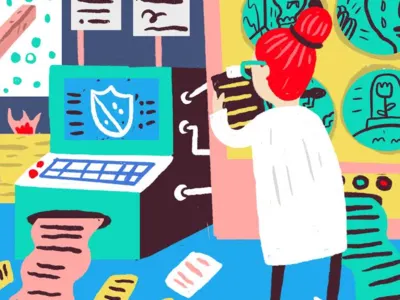 Editorial Illustration for Submittable beaker blog blue clipboard computer computer arts genre got joshquick scientist