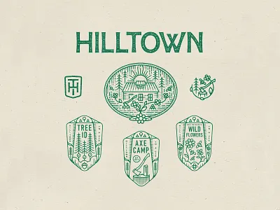 Hilltown Farm Logo System art axe branding camping custom font design farm farm logo flowers hand drawn illustration line art logo logo system responsive logo texture textures type typography vector