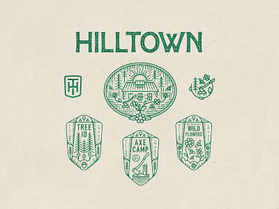 Hilltown Farm Logo System art axe branding camping custom font design farm farm logo flowers hand drawn illustration line art logo logo system responsive logo texture textures type typography vector
