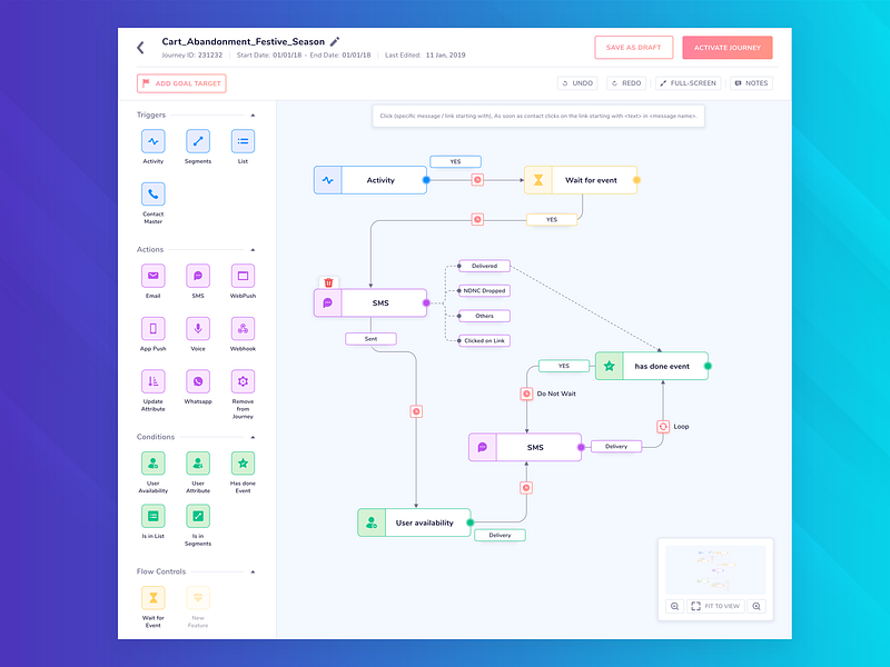 Customer Journey Builder Application application application design customer experience customer journey customer journey map design flow flowchart gradient journey marketing procreator sketch ui user interface ux ux ui web app