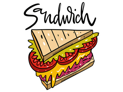 Sandwich bread cartoon cheese cute design illustration lettering logo meat sandwich sauce sketch tomato vector