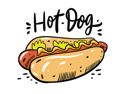Hotdog bread cartoon cute design food hotdog illustration lettering salad sausage sketch type vector