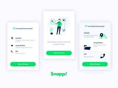 Snapp Permissions 2d access allow access android app call camera clean design flat grean illustration ios location media minimal permission simple snapp ui