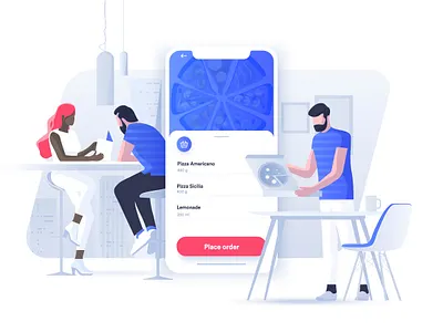 Food ordering vs eating out app characters concept dmit eating out food ordering header image home people pizza restaraunt