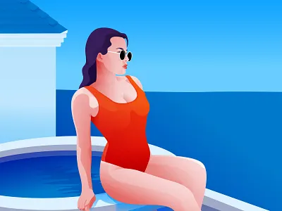 Thalassophile art beach beautiful girl blue and red character colorful creative drawing graphic design illustration lady vector